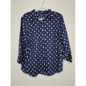 Chaps navy blue white polka dot button front 3/4 sleeve plus size top 2x